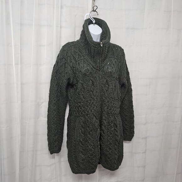 Aran Sweater Market Green Wool Cardigan Preppy Cabin Winter Irish S - Picture 5 of 12